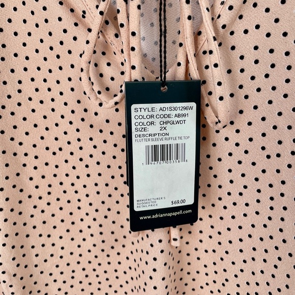 ADRIANNA PAPELL NWT frilly polka dot blouse pink 2X tie front stretchy comfort - Picture 6 of 7